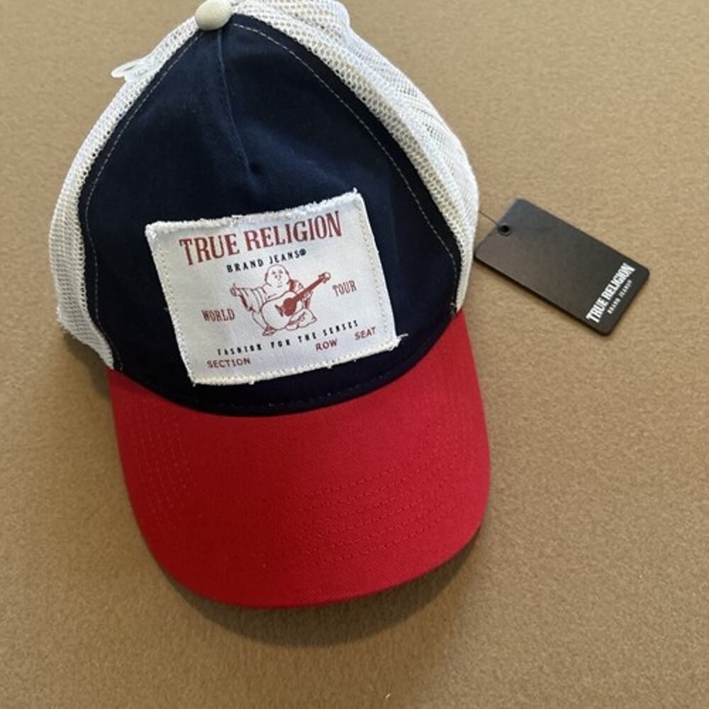 True Religion Trucker Frayed Edge Buddha Hat OS Red/Navy/White NWT - Picture 6 of 6